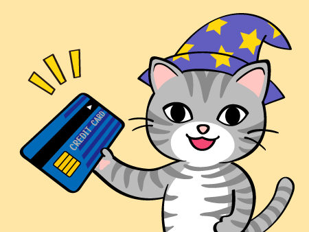 クレジットカードを持ったマスコットキャラクターのチャッチ